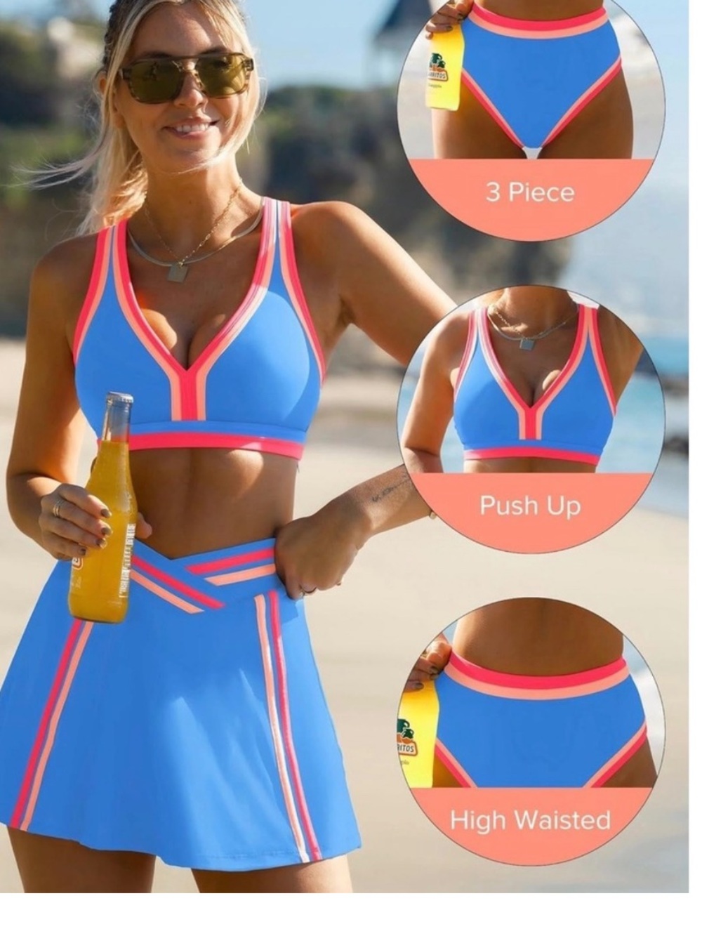Blue & Pink High-Waist Push-Up Women’s Swim Set With Skirt NWT Large Popvil